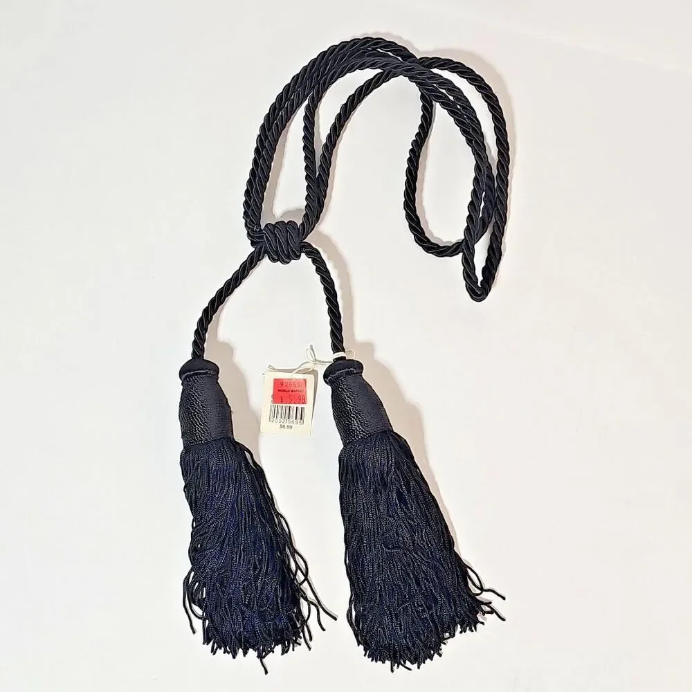 World Market Curtain Tiebacks Corded Black Tassels Window Drapery Ties NEW NOS